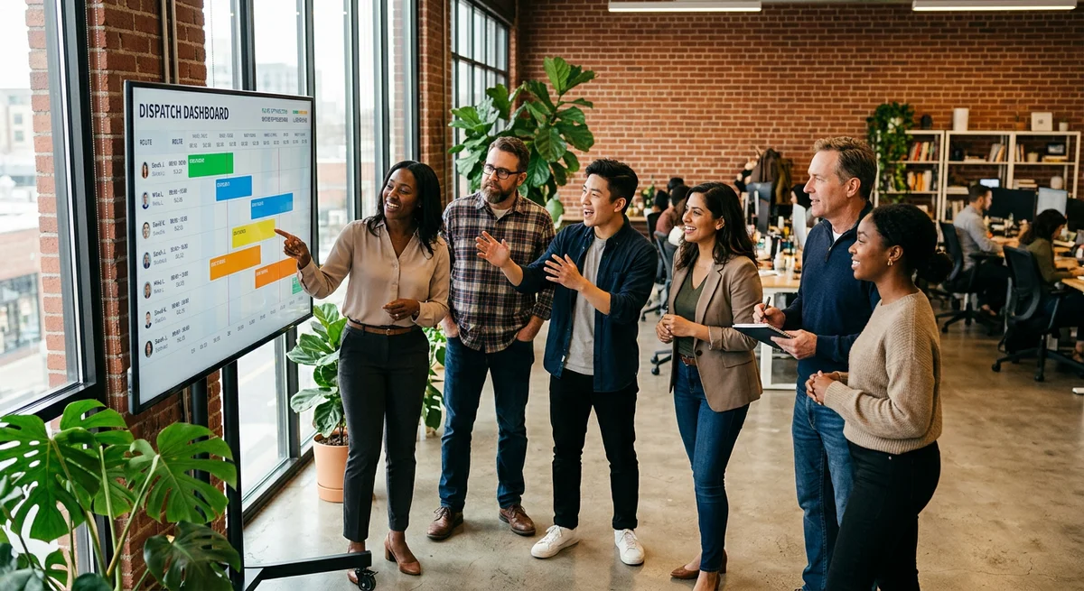 The Forz team collaborating around a dispatch dashboard